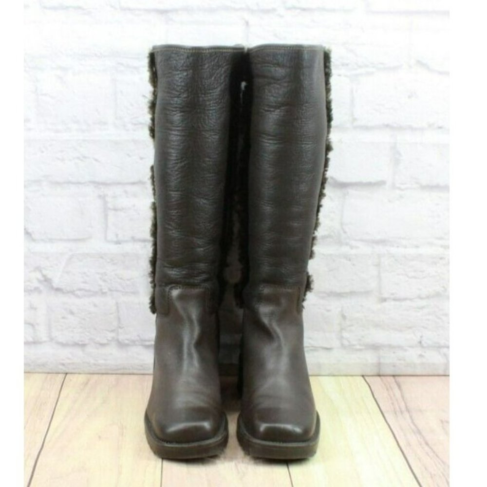 LL Bean Brown Leather Pull On Faux Fur Heeled Tall Boots Size 8 - Picture 4 of 11